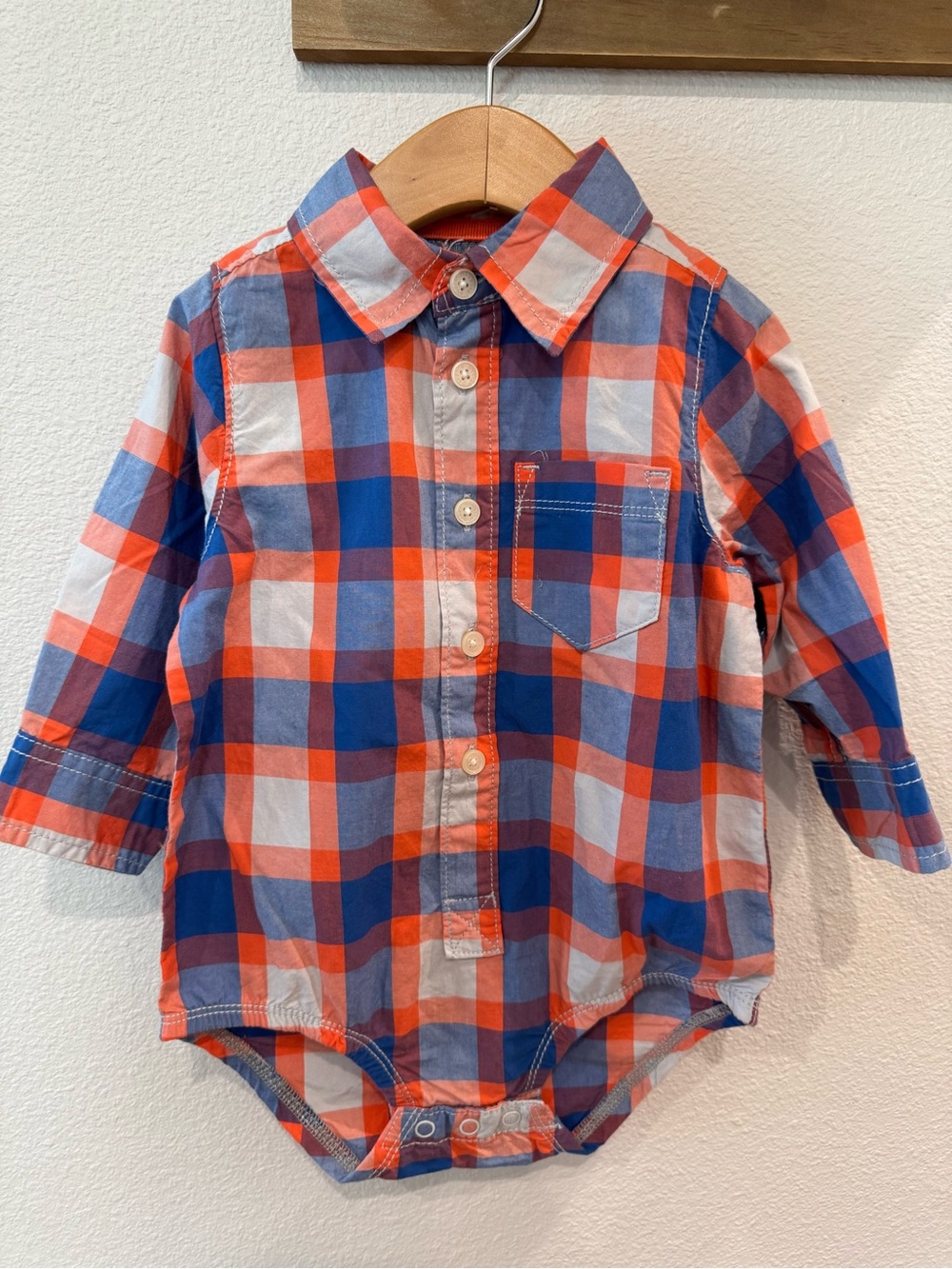 OshKosh B'gosh Plaid Button Front Bodysuit Shirt 18M Blue Orange Long Sleeve